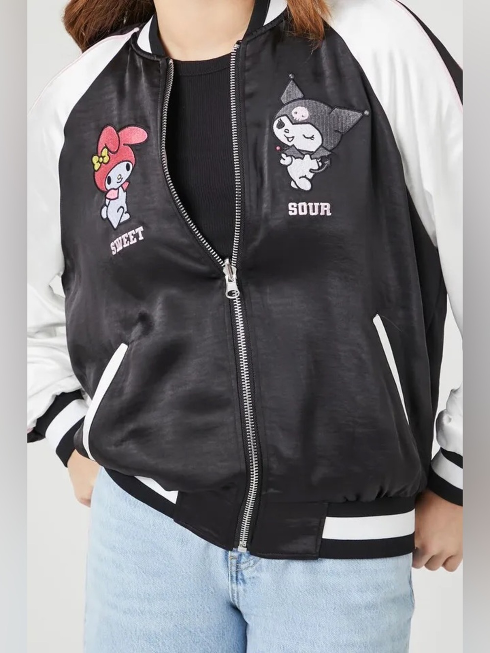 Forever 21 x Sanrio Hello Kitty My Melody Kuromi Reversible Satin Bomber Jacket